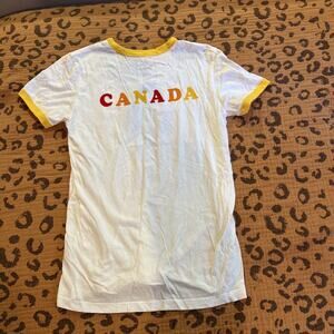 Roots Canada Ringer T Shirt White Yellow Small Men’s Velour Logo Fitted
